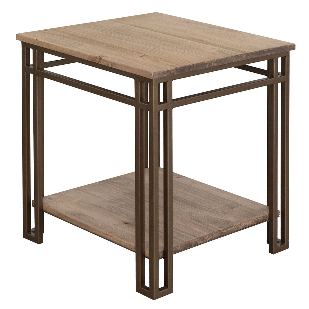 Remie End Table, Shelf, Iron Base, Camel Brown Melina Wood, 23 Inch -BM334280