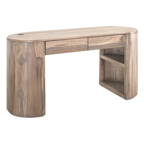 Eray Writing Desk, 2 Drawers, USB Port, Brown Teak, Mango Wood, 60 In -BM334310