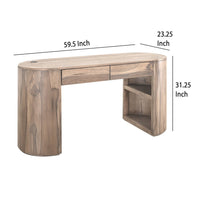 Eray Writing Desk, 2 Drawers, USB Port, Brown Teak, Mango Wood, 60 In -BM334310