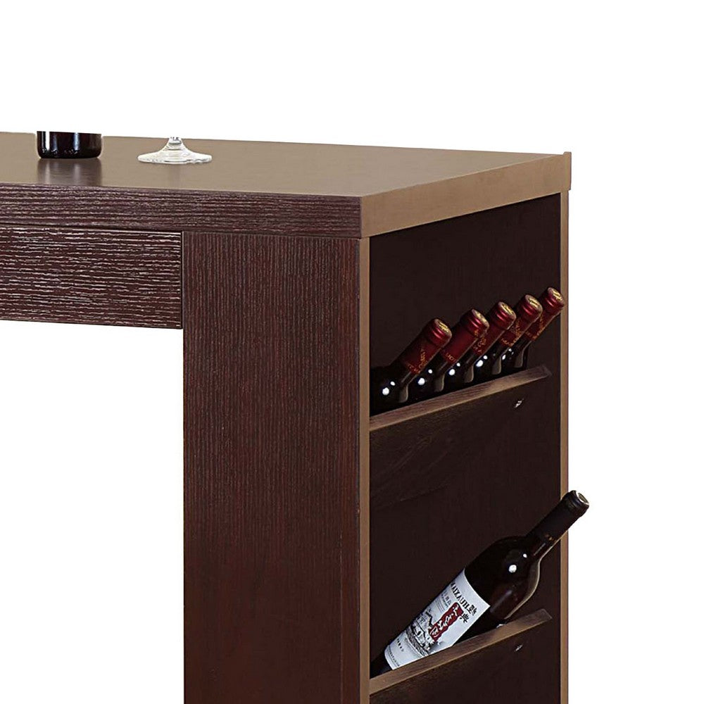 Bar Height Table, 3 Flip Up Wine Bottle Shelves, 42 Inch Brown Wood -BM334331