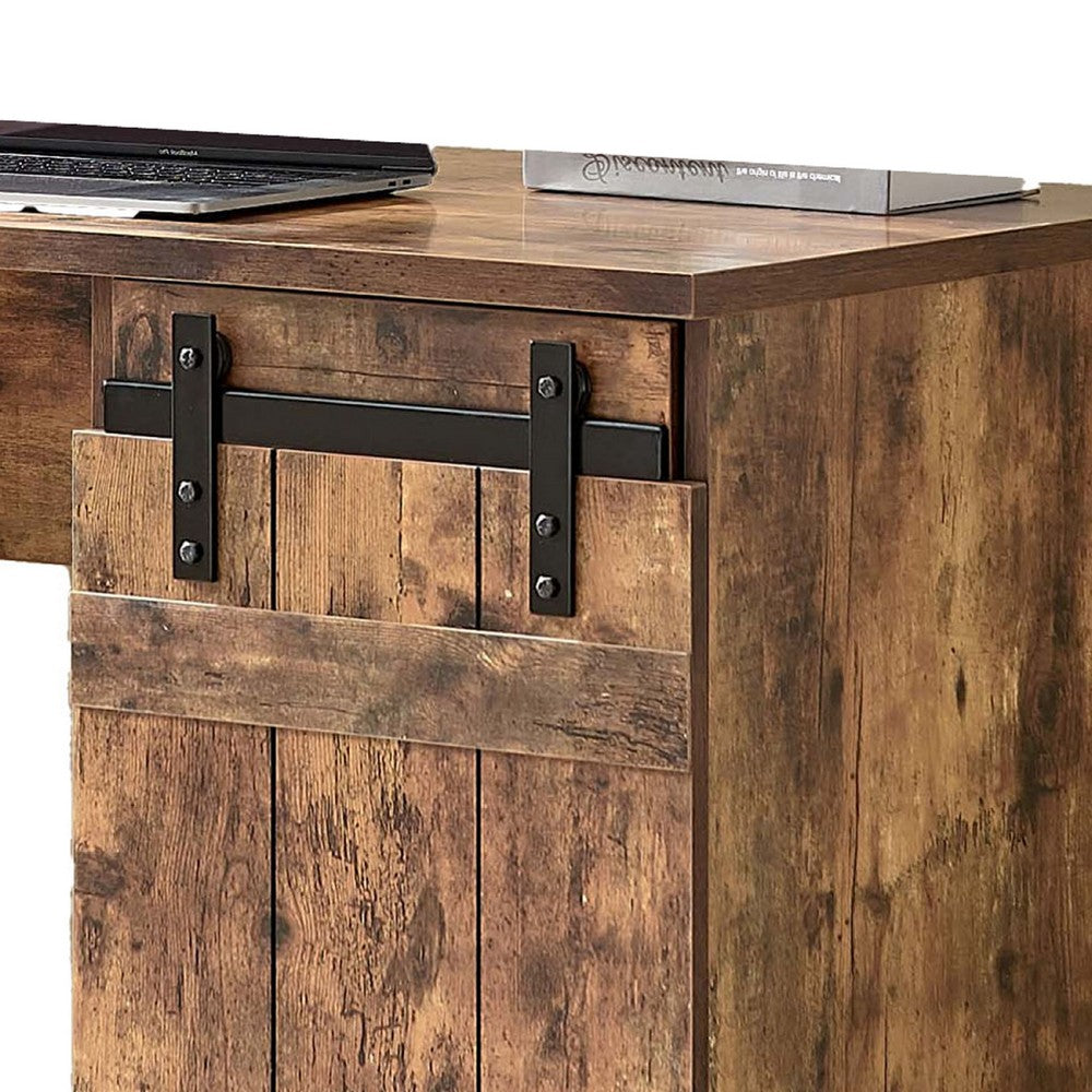 Fior Home Writing Desk, 47 Inch, Distressed Brown Wood, Faux Barn Door -BM334336