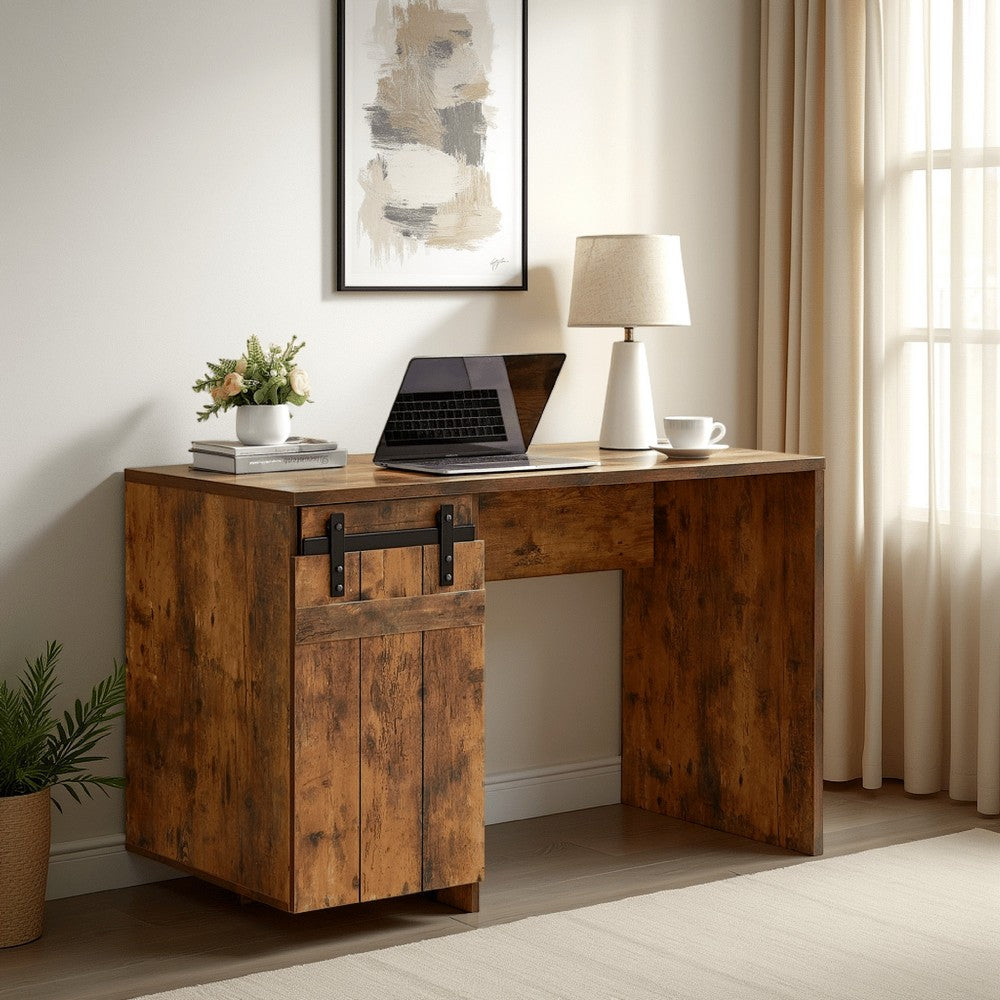 Fior Home Writing Desk, 47 Inch, Distressed Brown Wood, Faux Barn Door -BM334336