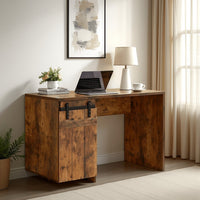 Fior Home Writing Desk, 47 Inch, Distressed Brown Wood, Faux Barn Door -BM334336