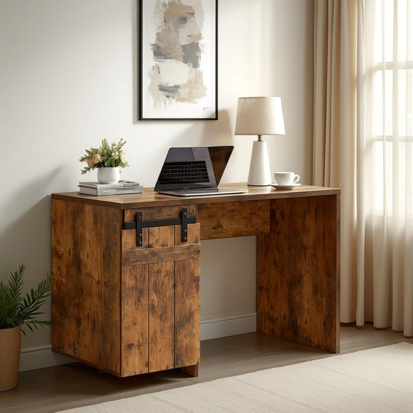 Fior Home Writing Desk, 47 Inch, Distressed Brown Wood, Faux Barn Door -BM334336