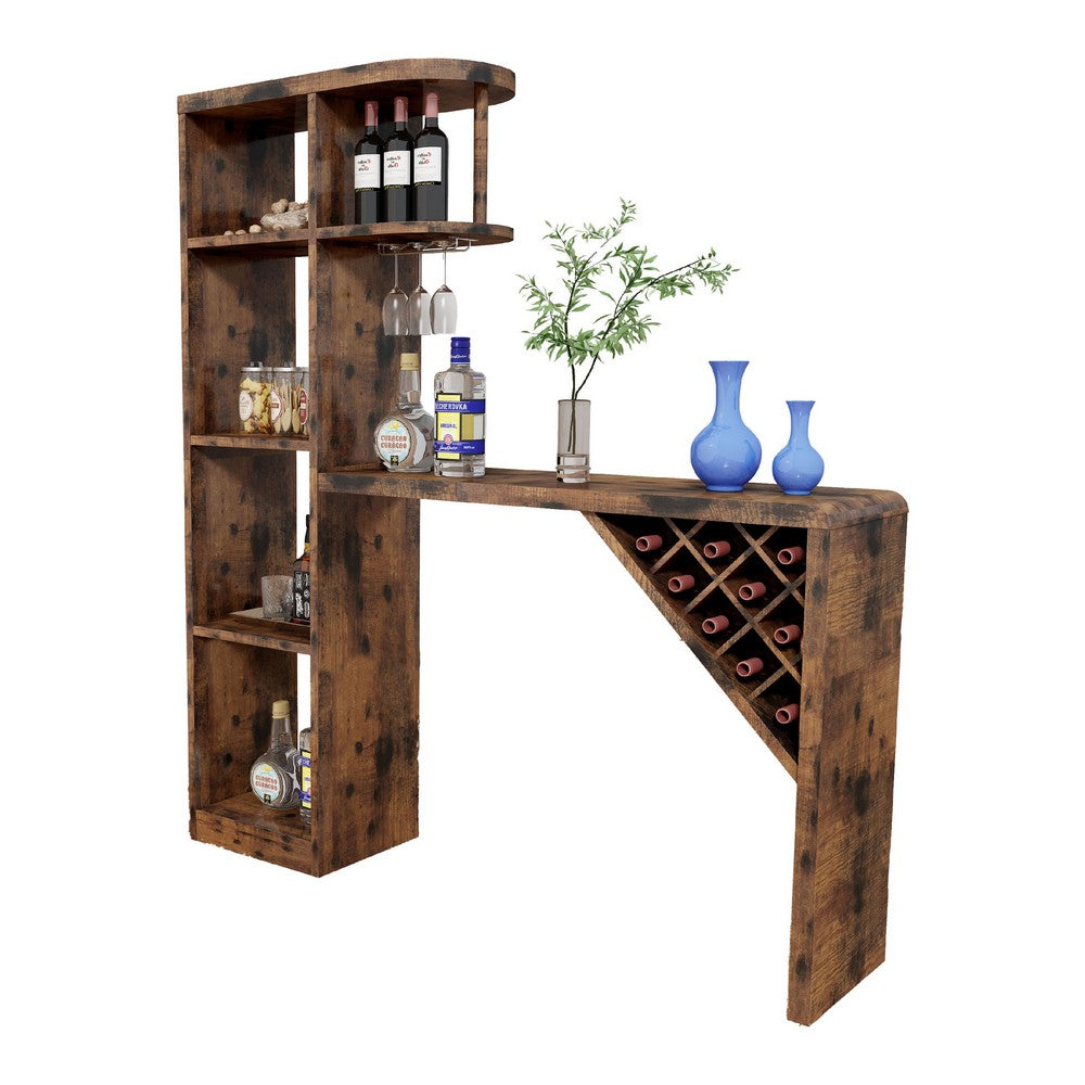 Bar Height Table, Glass Racks w Bottle Holders, 73 Inch Classic Brown -BM334339
