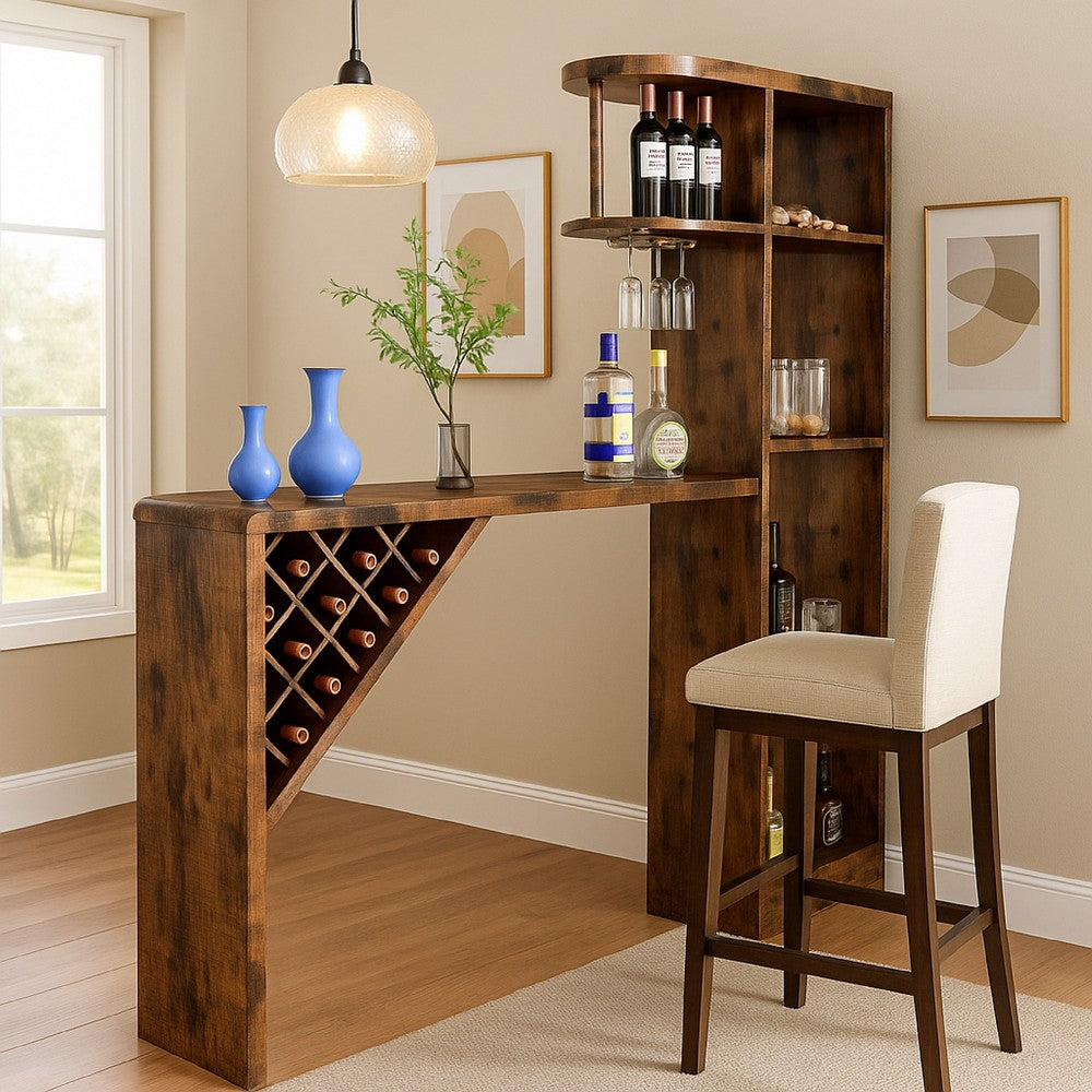 Bar Height Table, Glass Racks w Bottle Holders, 73 Inch Classic Brown -BM334339