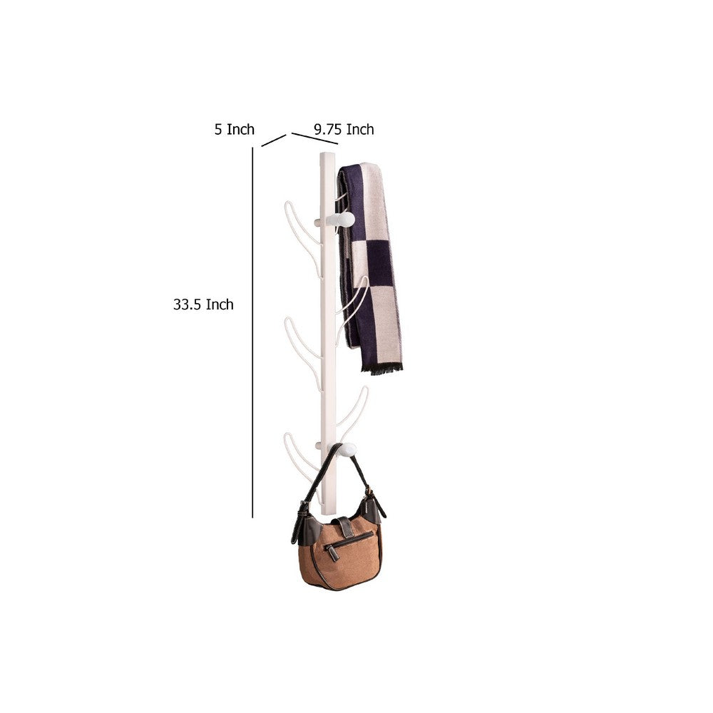 34 Inch Zubo Coat and Hat Rack w 6 Hooks , Wall Mount, White Metal -BM334343