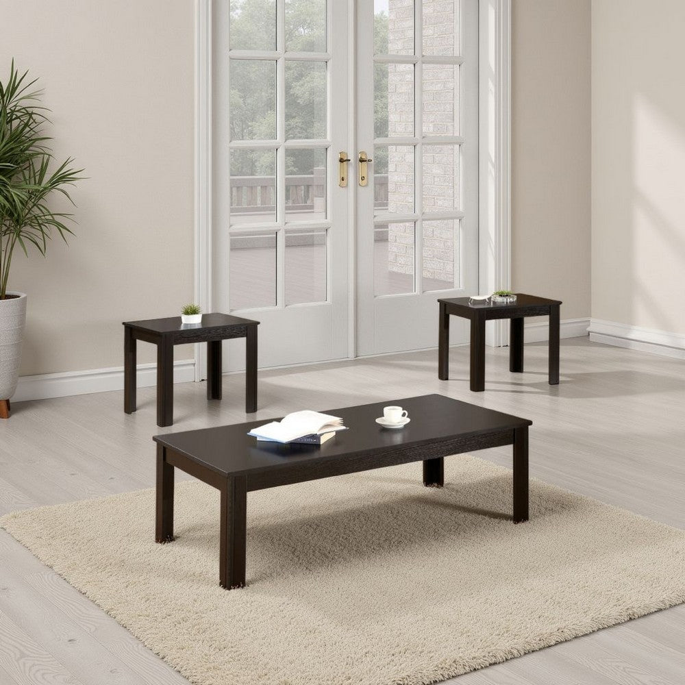 3 Piece Living Room Coffee and End Table Set, Black Wood, Rectangular -BM334347