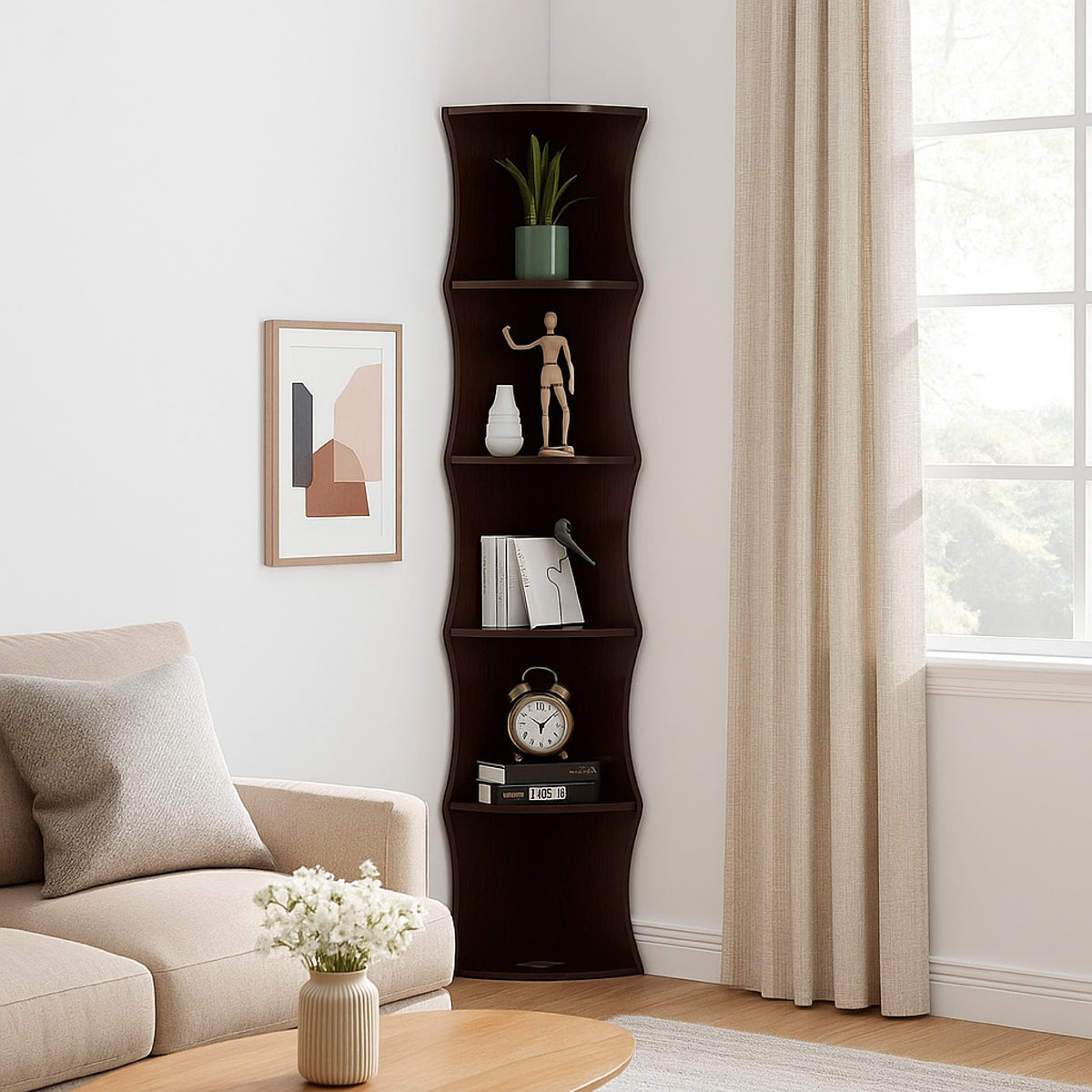 Corner Bookcase, 5 Storage Shelves, 77 Inch Tall, Red Cocoa Brown -BM334352