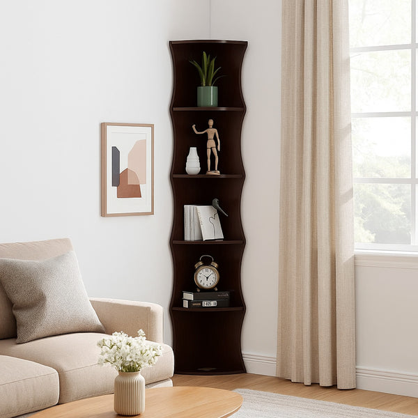 Corner Bookcase, 5 Storage Shelves, 77 Inch Tall, Red Cocoa Brown -BM334352