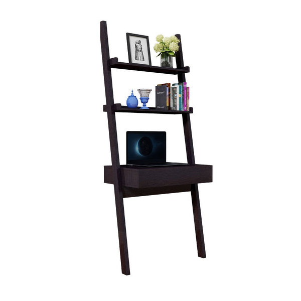 Tall Desk with Ladder Shelves, 1 Drawer 2 Shelves, 72 Inch, Brown Wood -BM334355