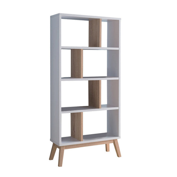 Tall Bookcase, 4 Storage Shelves, 65 Inch, White and Natural Brown -BM334371