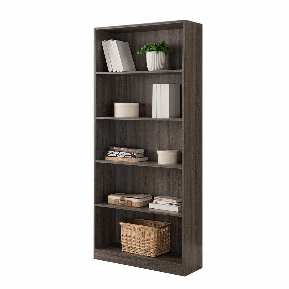 Guvo Bookshelf, 5 Shelves, Raised Platform, 71 Inch, Gray Wood -BM334378
