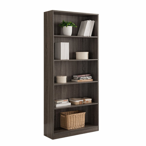 Guvo Bookshelf, 5 Shelves, Raised Platform, 71 Inch, Gray Wood -BM334378
