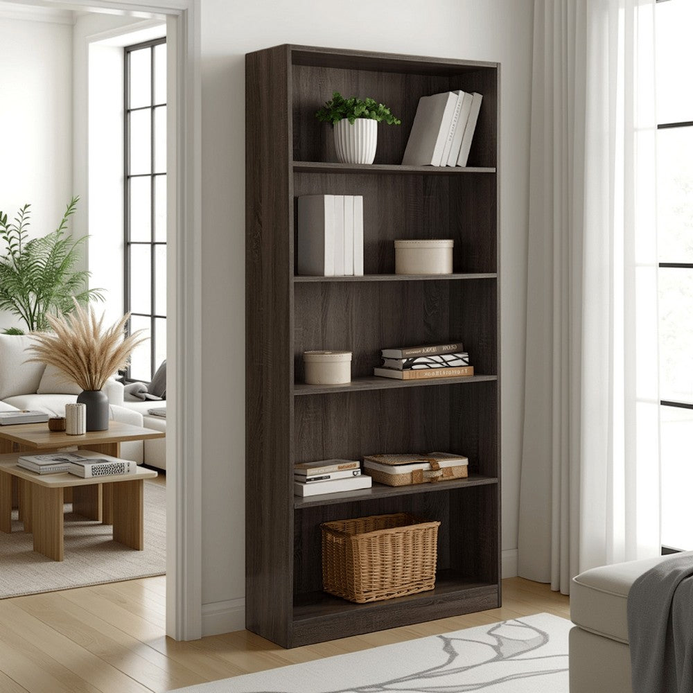 Guvo Bookshelf, 5 Shelves, Raised Platform, 71 Inch, Gray Wood -BM334378