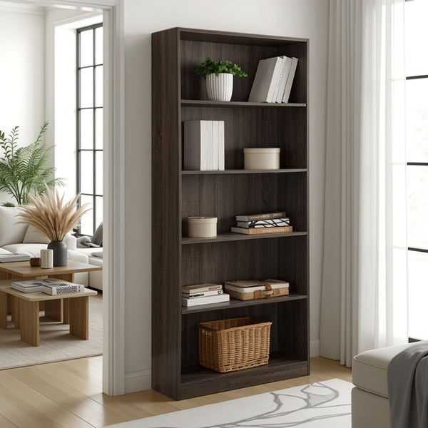Guvo Bookshelf, 5 Shelves, Raised Platform, 71 Inch, Gray Wood -BM334378
