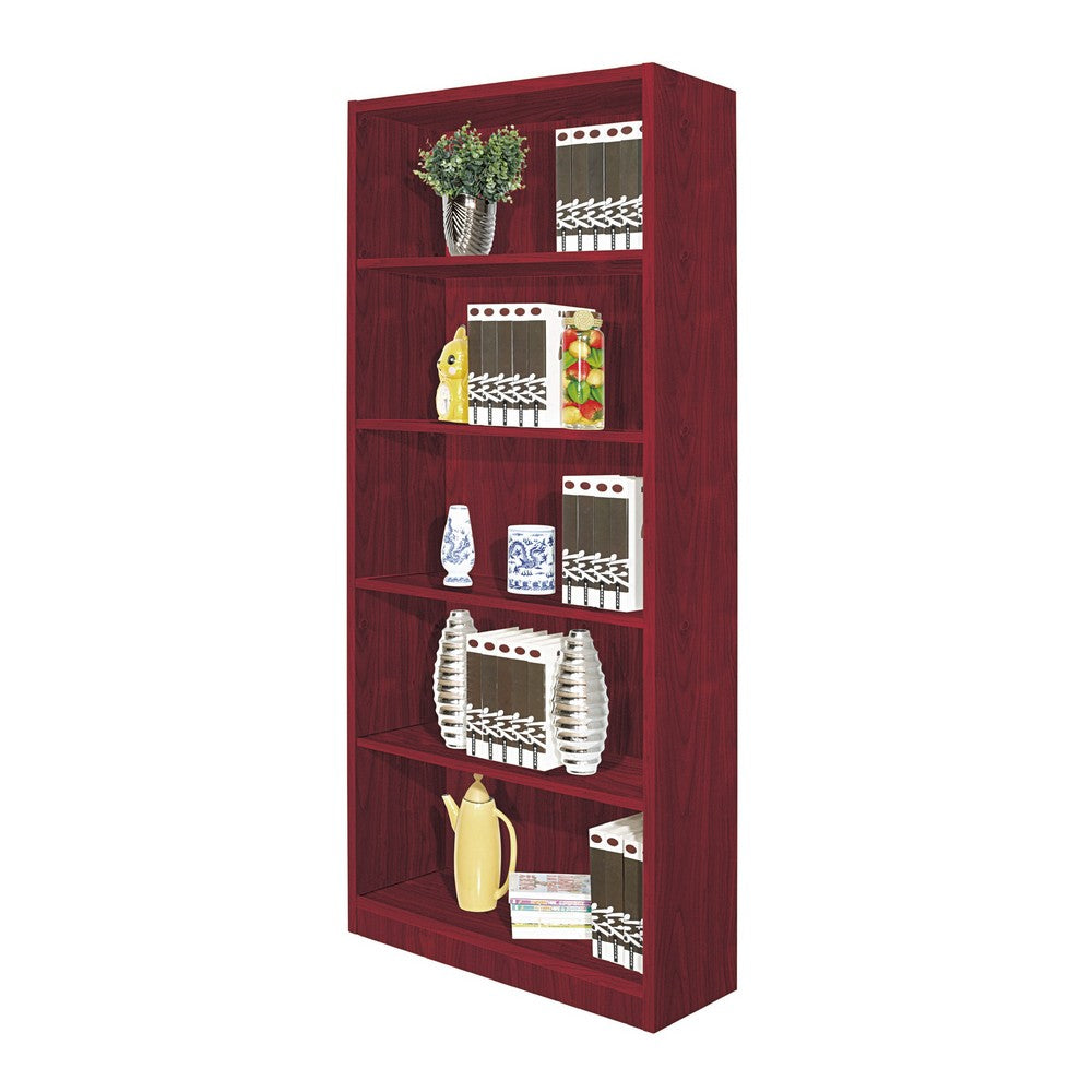 Guvo Bookshelf, 5 Shelves, Raised Platform, 71 Inch Red Mahogany Brown -BM334379