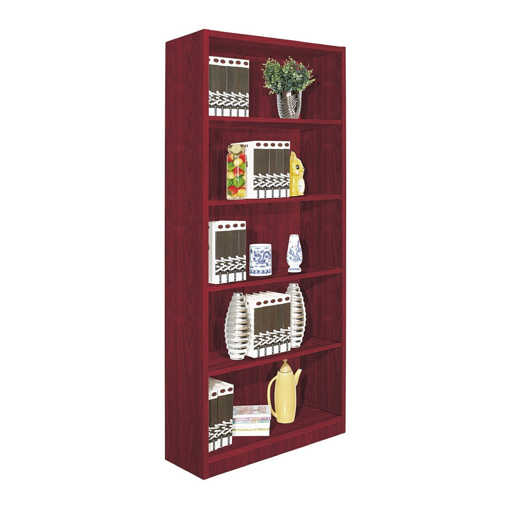 Guvo Bookshelf, 5 Shelves, Raised Platform, 71 Inch Red Mahogany Brown -BM334379
