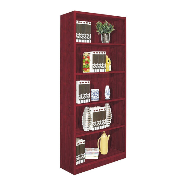Guvo Bookshelf, 5 Shelves, Raised Platform, 71 Inch Red Mahogany Brown -BM334379