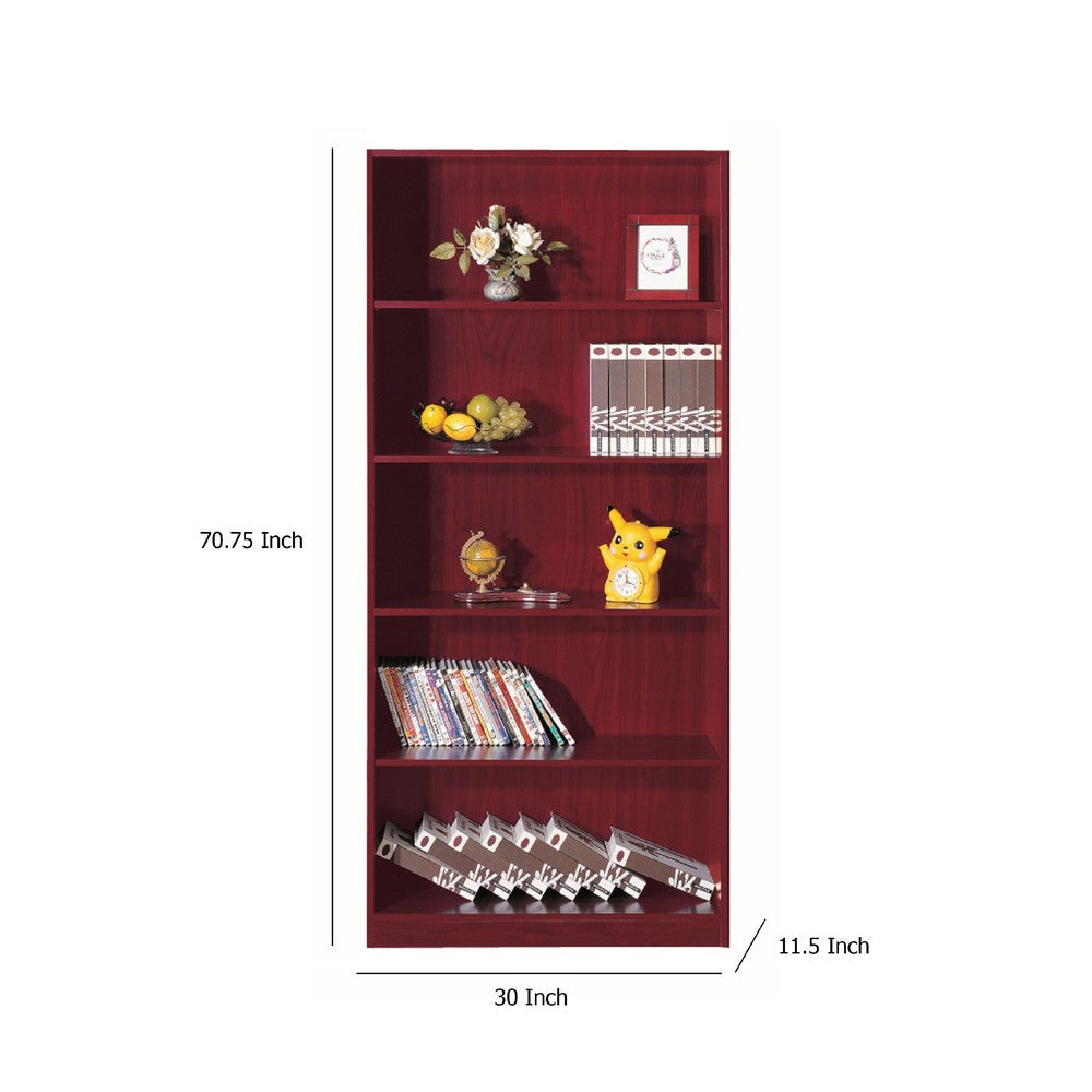 Guvo Bookshelf, 5 Shelves, Raised Platform, 71 Inch Red Mahogany Brown -BM334379