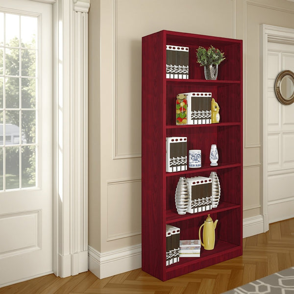 Guvo Bookshelf, 5 Shelves, Raised Platform, 71 Inch Red Mahogany Brown -BM334379