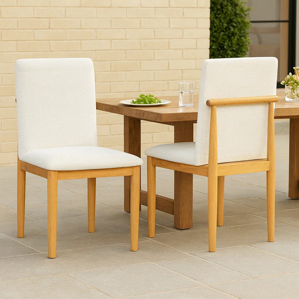 Side Dining Chair Set of 2, Solid Wood, Cream Textured Woven Fabric -BM334409