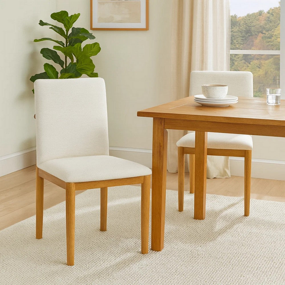 Side Dining Chair Set of 2, Solid Wood, Cream Textured Woven Fabric -BM334409