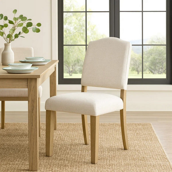 Side Dining Chair, Open Back Solid Wood Frame, Cream Woven Fabric -BM334410