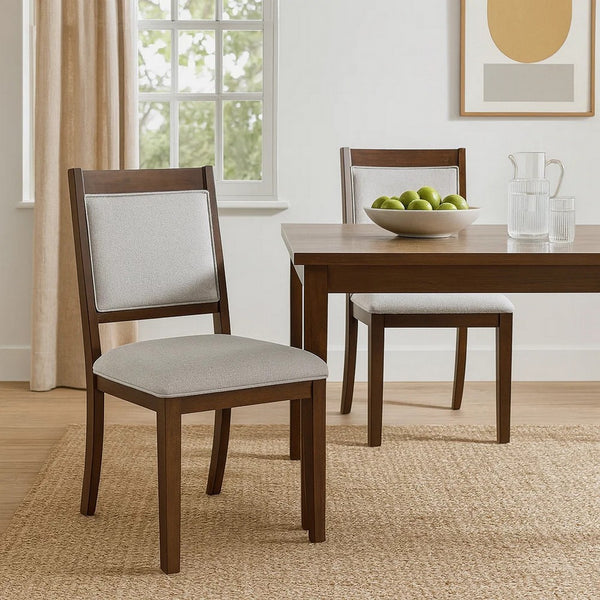 Tom Side Dining Chair Set of 2, Brown Solid Wood, Gray Woven Fabric -BM334412