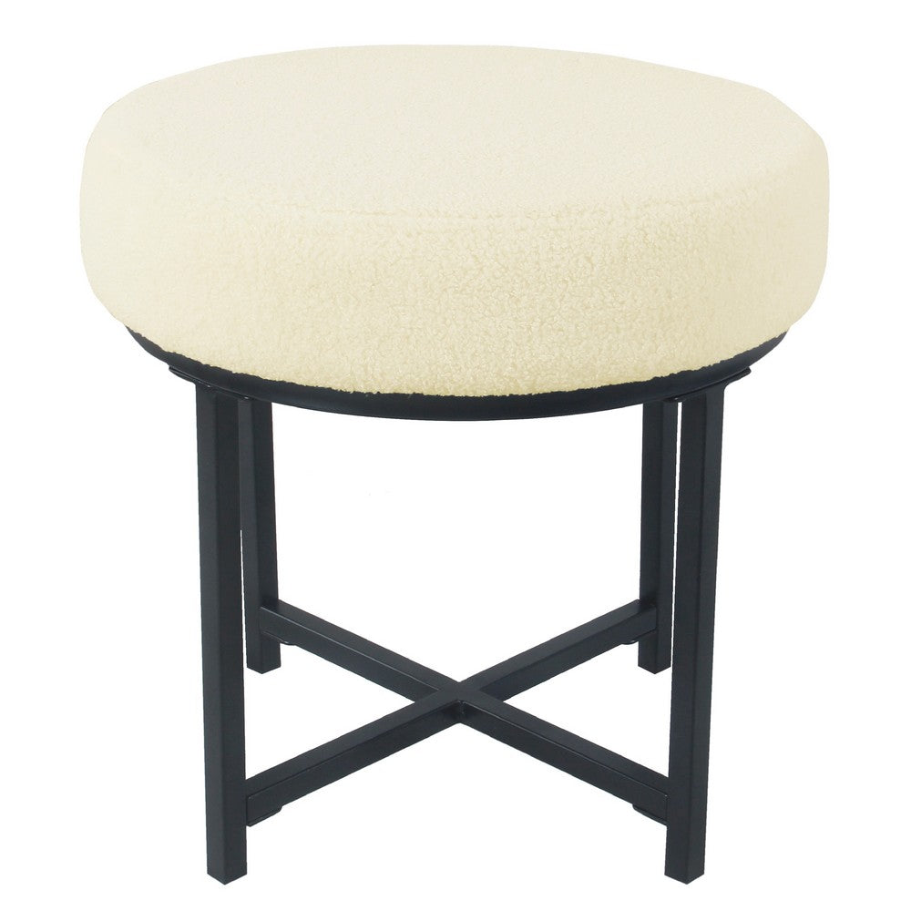 Zac Round Ottoman Footstool, Black Metal, Cream Faux Sheepskin 18 Inch -BM334414