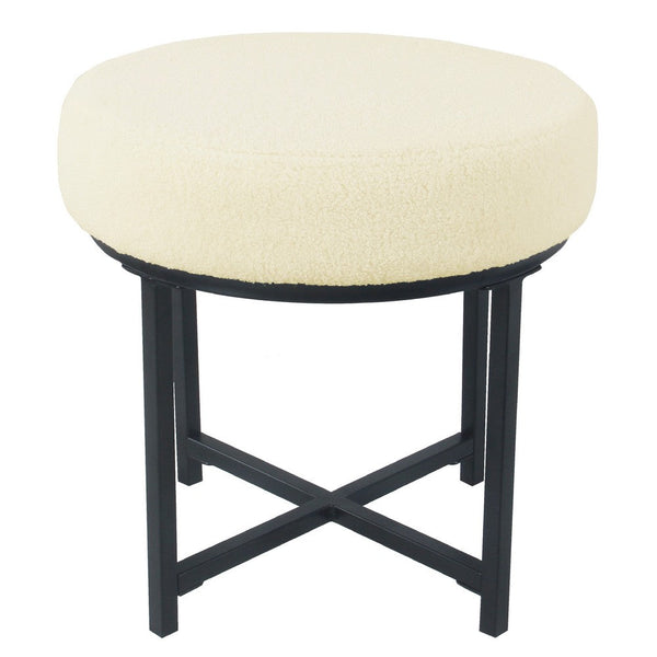 Zac Round Ottoman Footstool, Black Metal, Cream Faux Sheepskin 18 Inch -BM334414