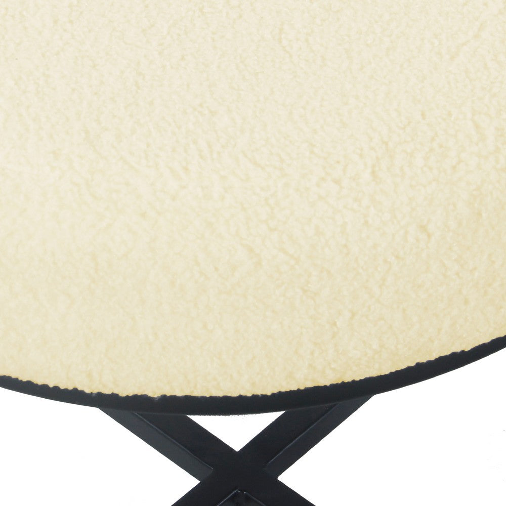 Zac Round Ottoman Footstool, Black Metal, Cream Faux Sheepskin 18 Inch -BM334414