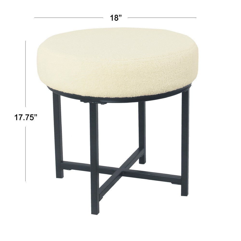 Zac Round Ottoman Footstool, Black Metal, Cream Faux Sheepskin 18 Inch -BM334414