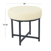 Zac Round Ottoman Footstool, Black Metal, Cream Faux Sheepskin 18 Inch -BM334414