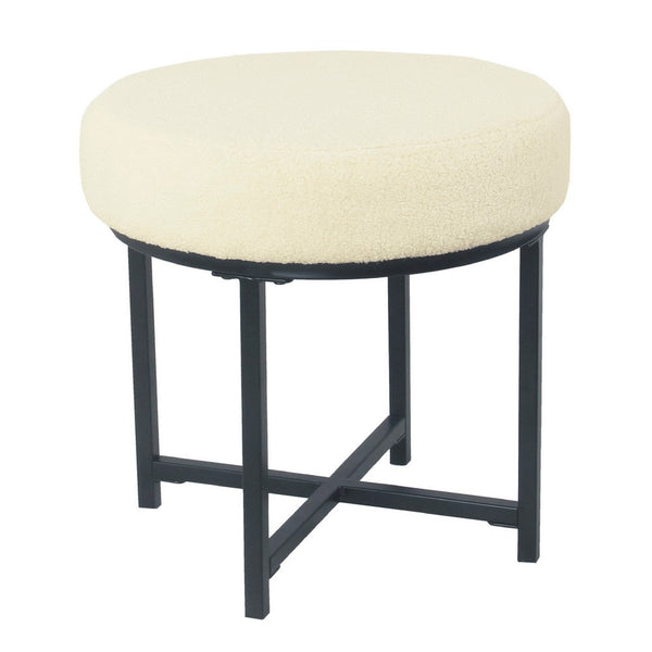 Zac Round Ottoman Footstool, Black Metal, Cream Faux Sheepskin 18 Inch -BM334414