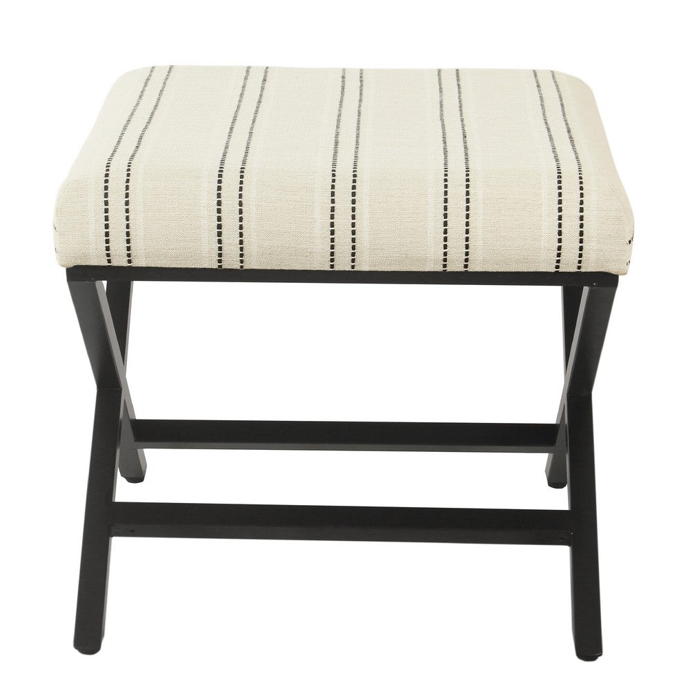 Square Ottoman Footstool, Black Metal, White Striped Polyester 20 Inch -BM334416