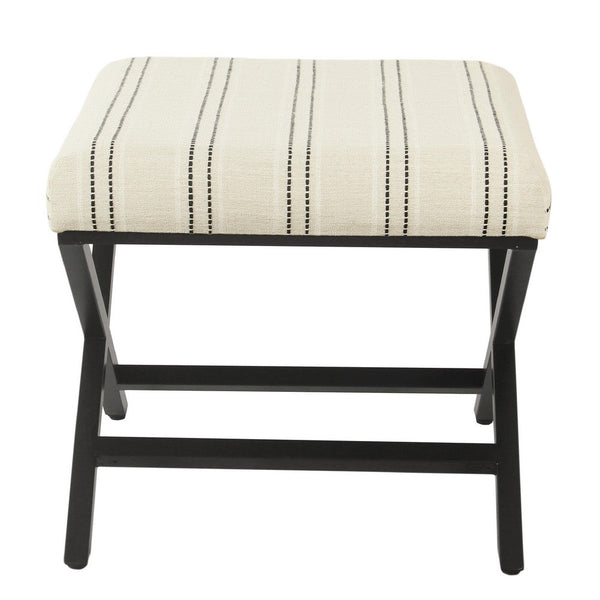 Square Ottoman Footstool, Black Metal, White Striped Polyester 20 Inch -BM334416