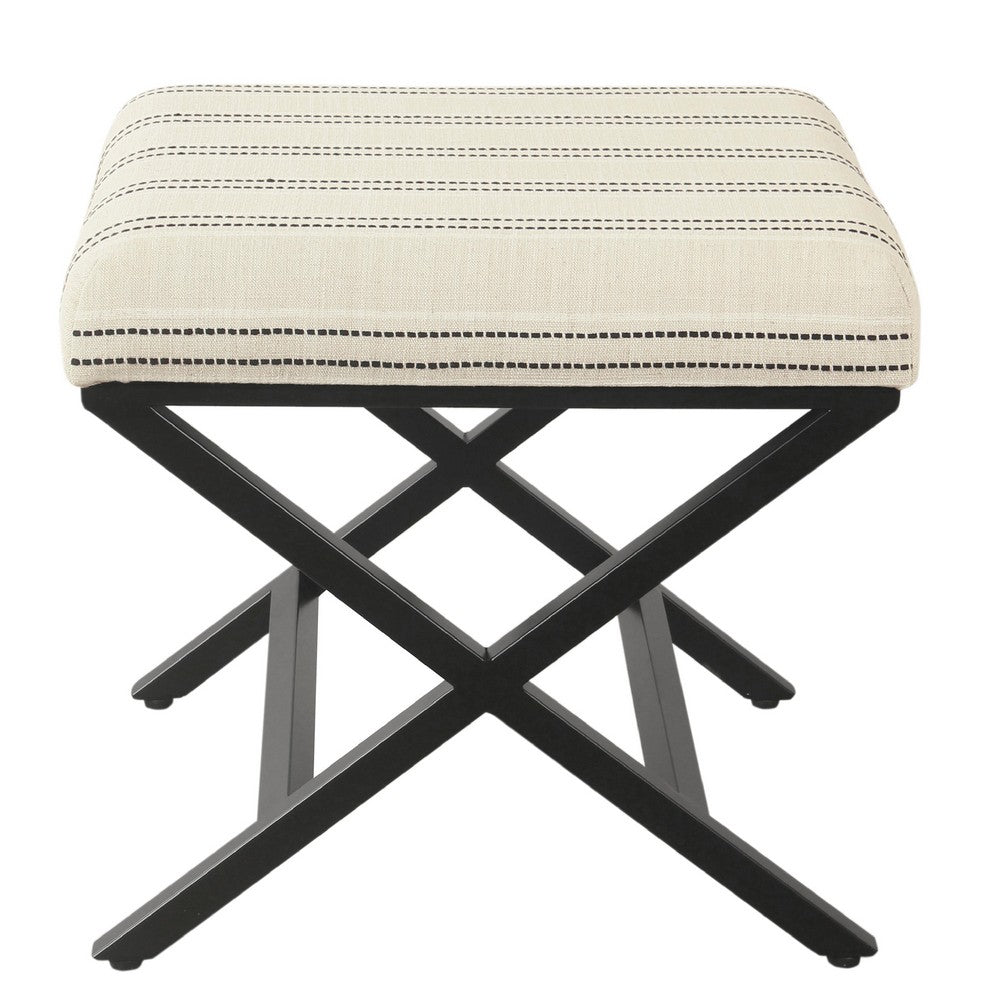 Square Ottoman Footstool, Black Metal, White Striped Polyester 20 Inch -BM334416