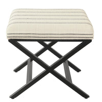 Square Ottoman Footstool, Black Metal, White Striped Polyester 20 Inch -BM334416