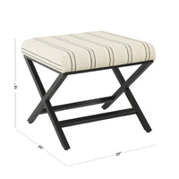 Square Ottoman Footstool, Black Metal, White Striped Polyester 20 Inch -BM334416