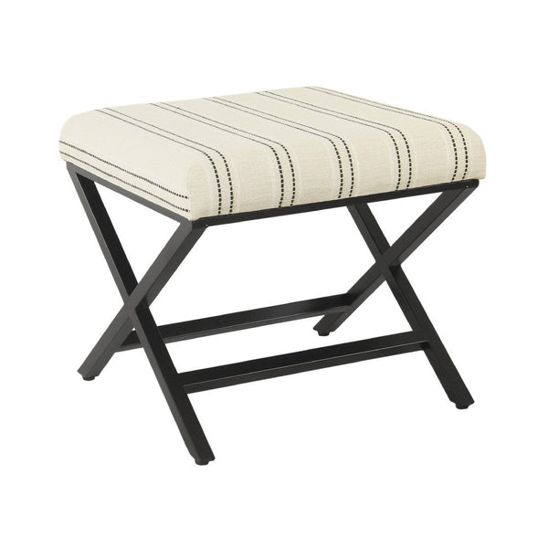 Square Ottoman Footstool, Black Metal, White Striped Polyester 20 Inch -BM334416