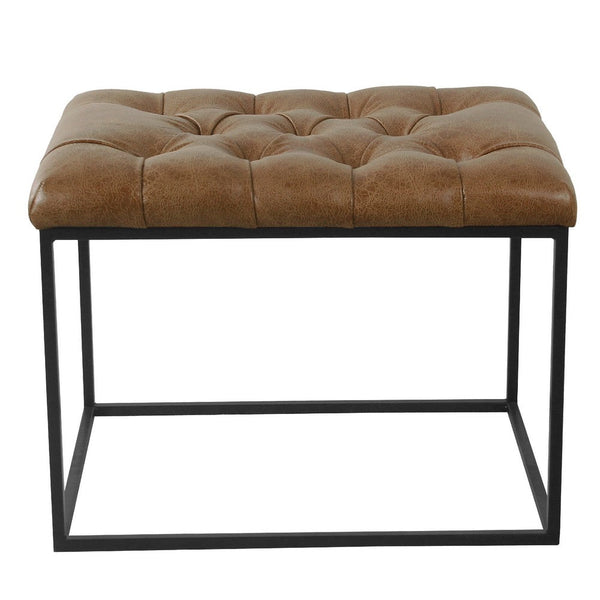 Ottoman Footstool, Black Metal, Brown Tufted Faux Leather 22 Inch -BM334417