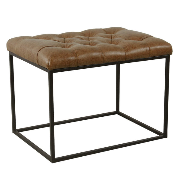 Ottoman Footstool, Black Metal, Brown Tufted Faux Leather 22 Inch -BM334417