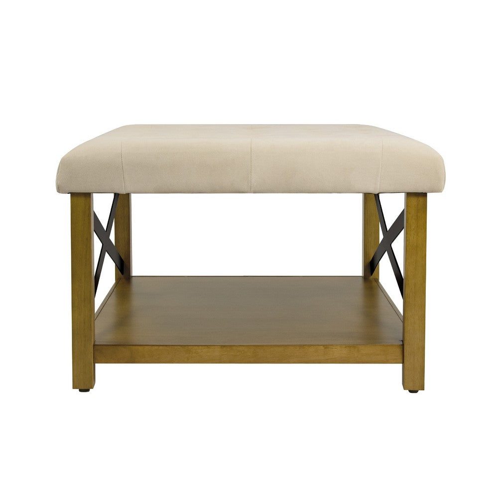 Ottoman with Open Storage, Wood Legs, Cream Tufted Microfiber 30 Inch -BM334418