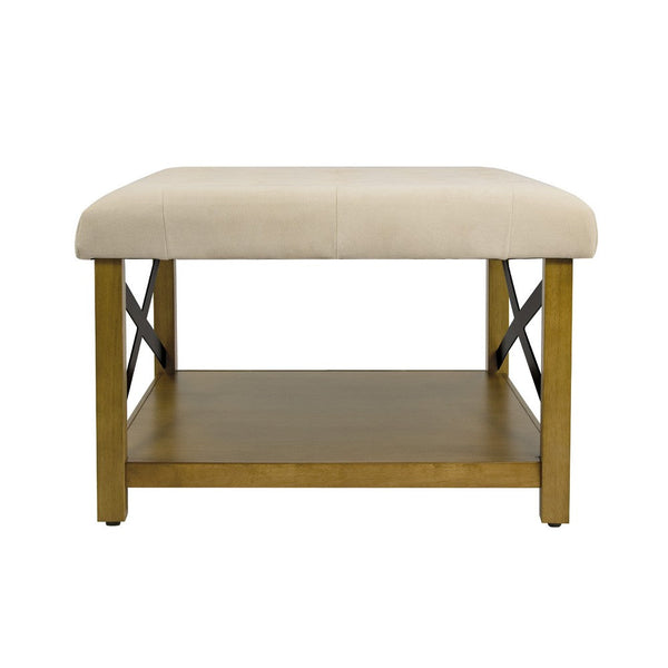 Ottoman with Open Storage, Wood Legs, Cream Tufted Microfiber 30 Inch -BM334418