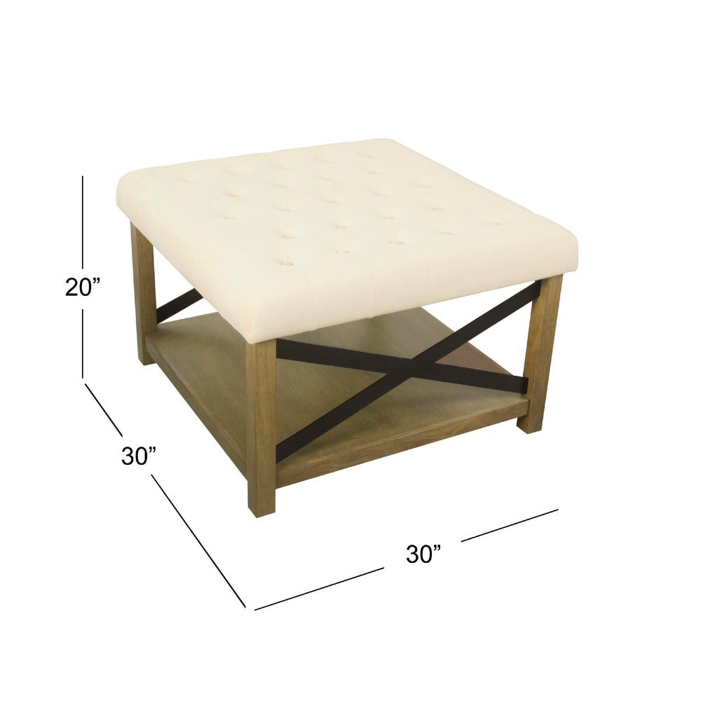 Ottoman with Open Storage, Wood Legs, Cream Tufted Microfiber 30 Inch -BM334418