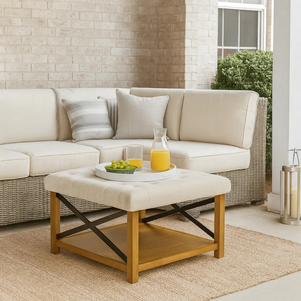 Ottoman with Open Storage, Wood Legs, Cream Tufted Microfiber 30 Inch -BM334418