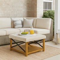 Ottoman with Open Storage, Wood Legs, Cream Tufted Microfiber 30 Inch -BM334418