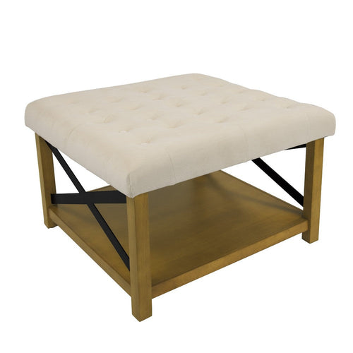 Ottoman with Open Storage, Wood Legs, Cream Tufted Microfiber 30 Inch -BM334418