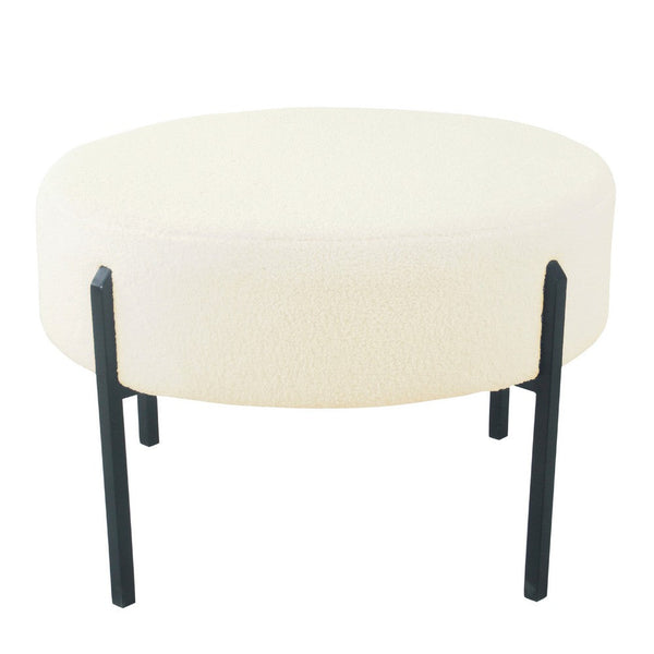 Joe Round Ottoman Footstool, Black Metal, Plush Cream Sherpa 28 Inch -BM334419